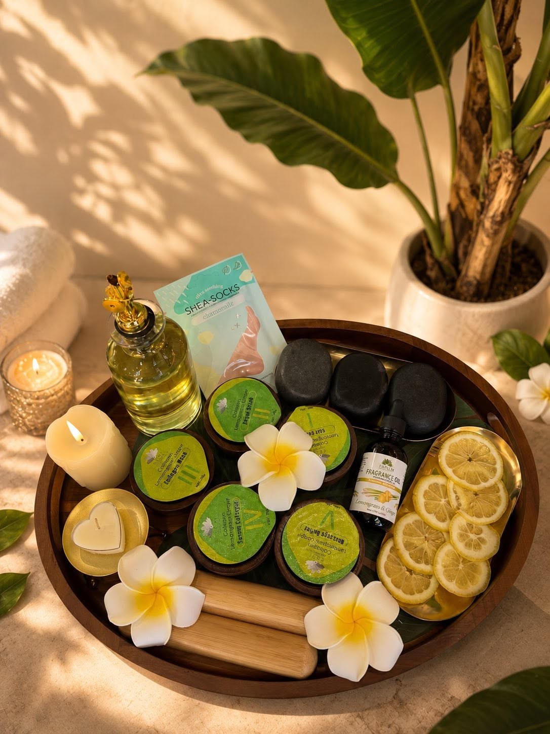 Pedicure spa styling tray with warm lemongrass scrub, hot stones and fragrance oil at Allure Nail Bar Duluth
