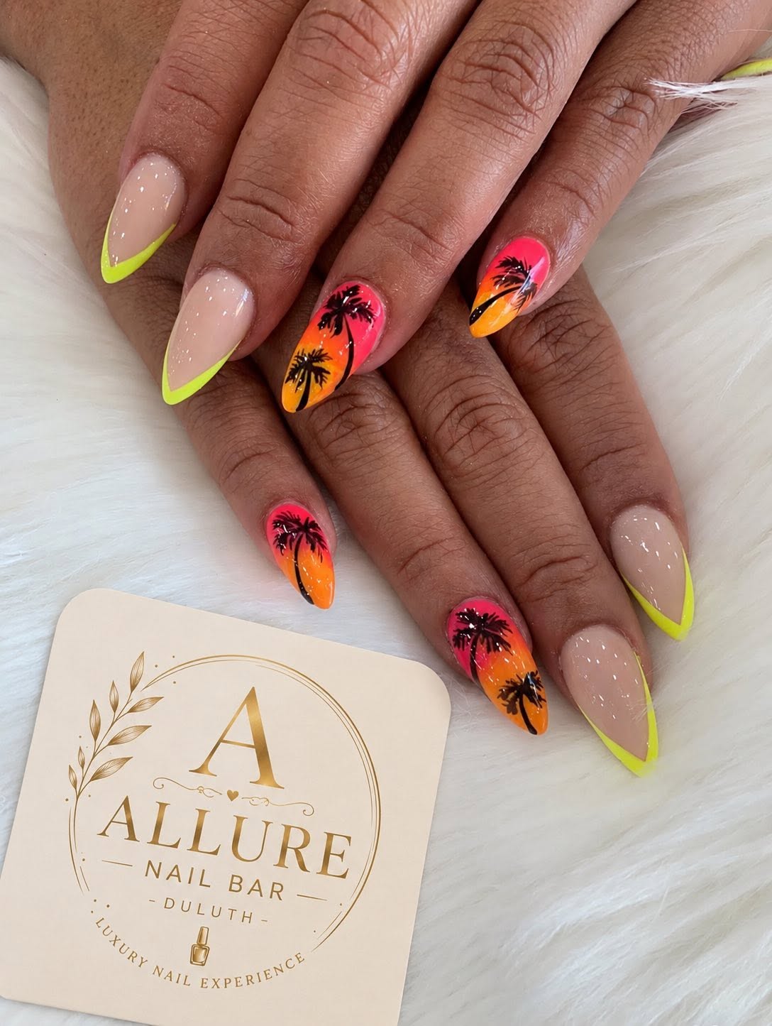 Neon sunset palm tree nail art at Allure Nail Bar Duluth
